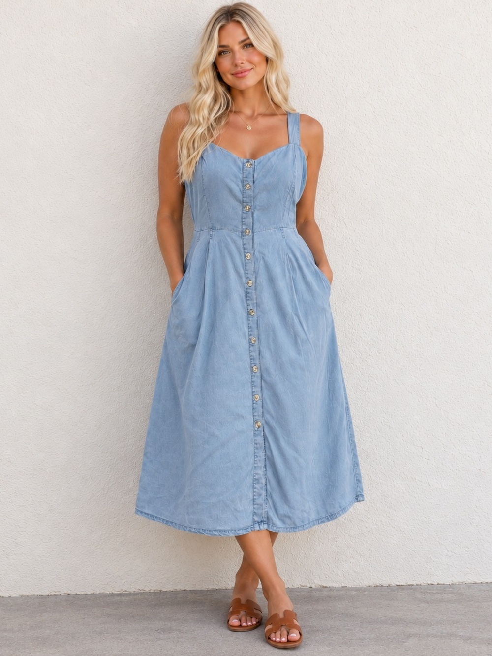 Simon Chang Prairie Dress Light Blue Tencel Button Front Smocked Midi